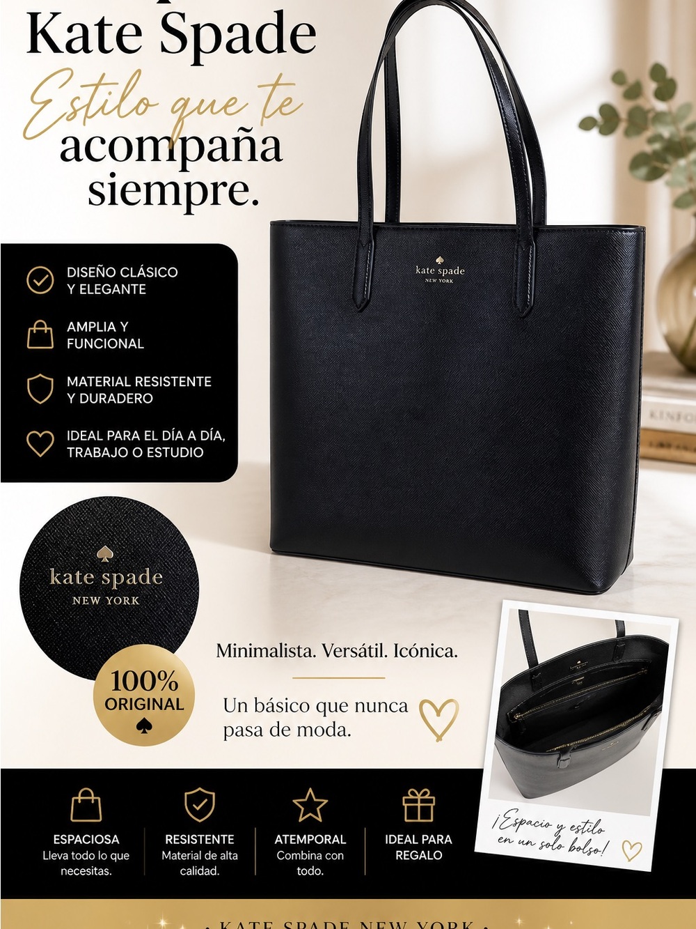 kate spade Black Leather Tote — Sleek Everyday Shoulder Bag